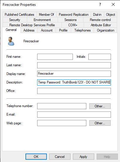 User General tab showing the password written in plaintext in the Description field